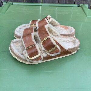 Birkenstock Arizona Shearling Sandals Cognac Brown Leather Gold Buckle Size 36